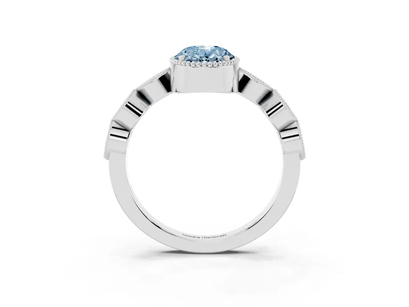 Fancy Blue Oval Cut Diamond Vintage-Inspired Milgrain Ring Set in Silver with Marquise Stations of Round Accents