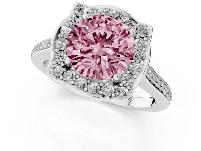 Round Halo Engagement Ring Setting for a Fancy Pink Lab-Grown Diamond | Petal Tips | Platinum