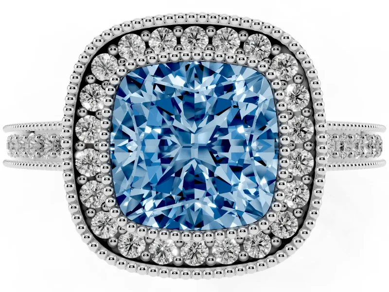 Cushion Cut Milgrain Halo Engagement Ring Setting for a Fancy Blue Lab-Grown Diamond | White Gold