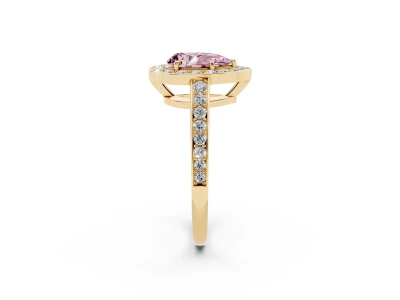 Fancy Pink Pear Cut Diamond Halo Pavé Engagement Ring Set in Yellow gold with Bezel Setting