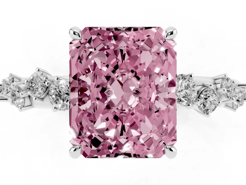 Fancy Pink Radiant Cut Diamond Cluster Solitaire Ring Set in Silver with Prong Setting