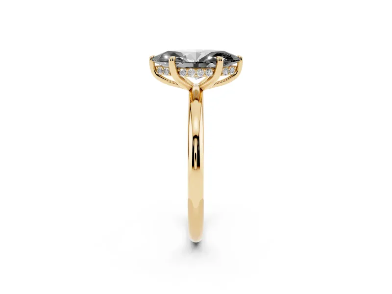 Fancy Black Marquise Cut Diamond Solitaire Ring Set in Yellow gold with Thin Band and Prong Setting