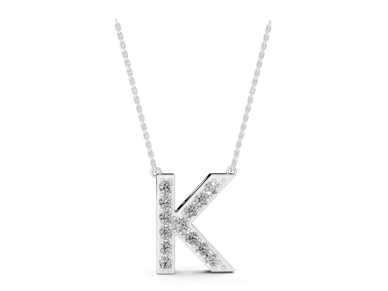 Round Lab-Grown Diamond Pavé Initial K Pendant Necklace | Block Letter | White Gold