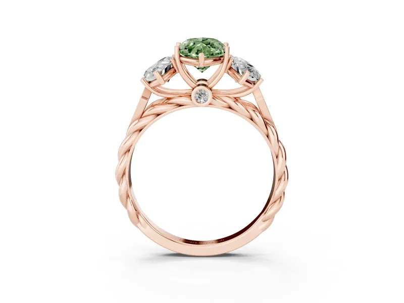 Fancy Green Marquise Cut Diamond Three-Stone Ring Set in Rose gold with Braided Band