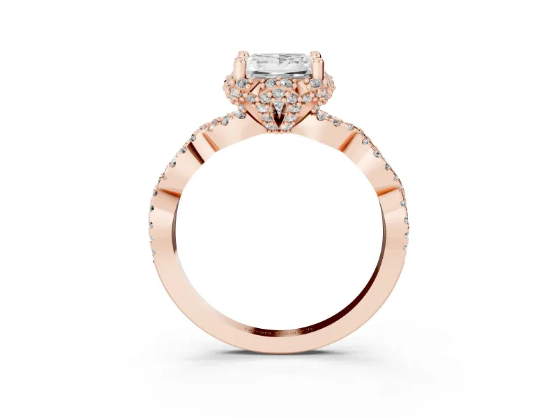 Princess Cut Milgrain Halo Engagement Ring Setting | Graduated Shoulders | Rose Gold