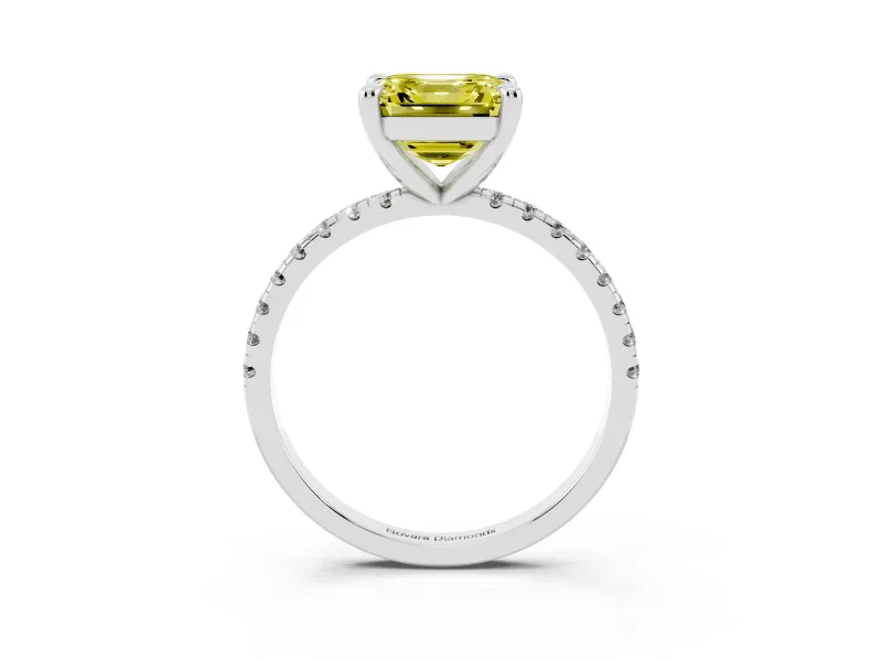 Fancy Yellow Asscher Cut Diamond Brilliant Solitaire Ring Set in Platinum with Pavé Band and Prong Setting