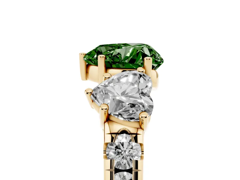Fancy Green Heart Cut Diamond Three-Stone Ring Set in Yellow gold with Pavé Band