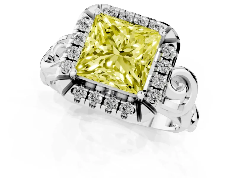 Fancy Yellow Princess Cut Diamond Halo Ring Set in White gold with Scrollwork Band and Prong Setting