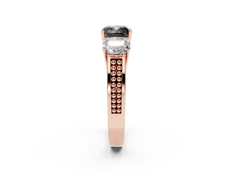 Cushion Cut Three Stone Engagement Ring Setting for a Black Center | Beaded Shoulders | Rose Gold