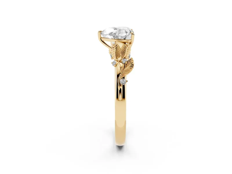Heart-Shaped Leaf Motif Solitaire Engagement Ring Setting | Accented Leaves | Yellow Gold