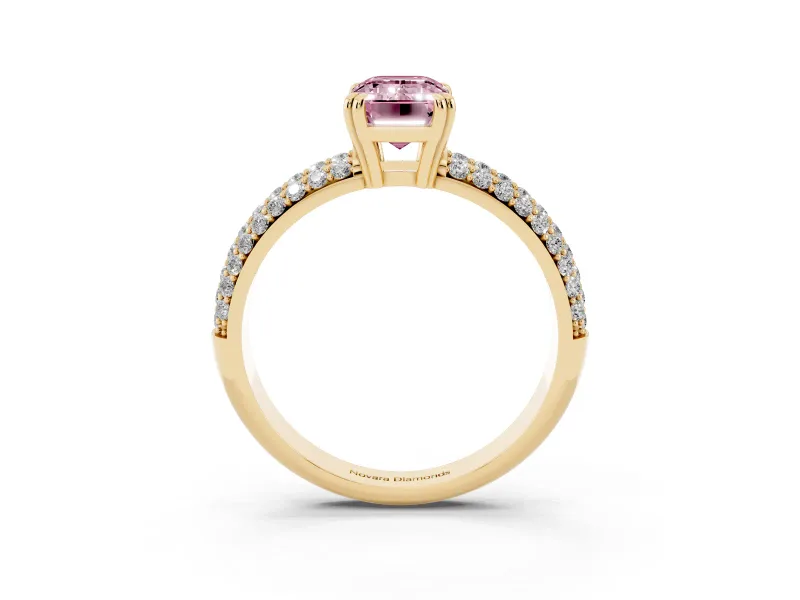 Emerald Cut Three Row Pave Engagement Ring Setting for a Fancy Pink Lab-Grown Diamond | Yellow Gold