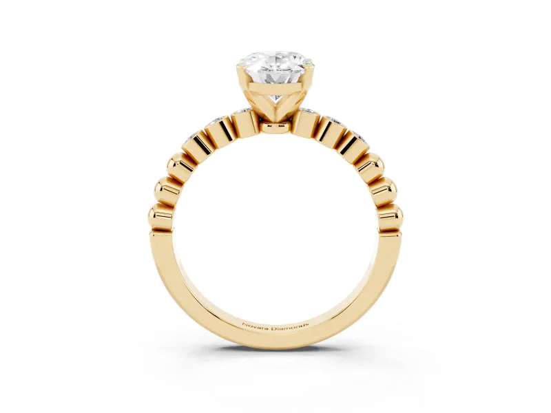 Oval Cut Diamond Solitaire Engagement Ring Set in Yellow gold with Bezel Accents on Beaded Band
