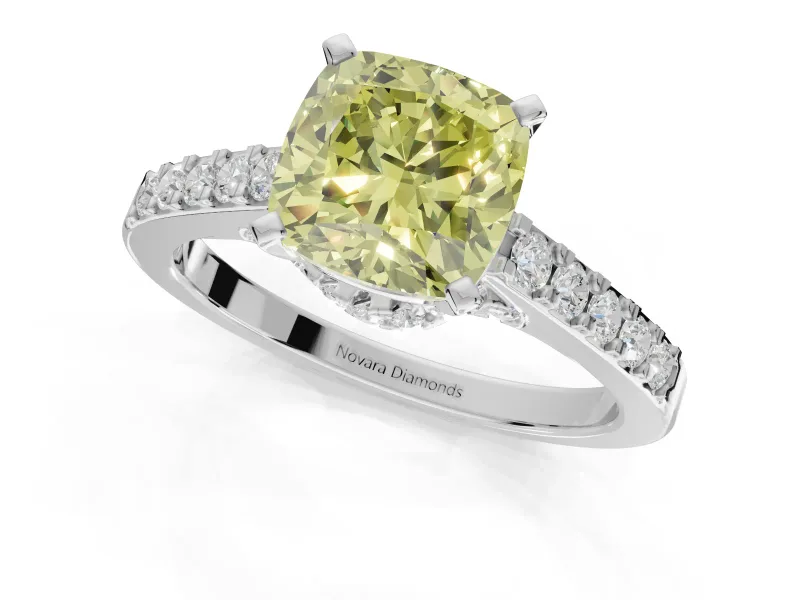 Cushion Cut Pavé Solitaire Engagement Ring Setting for a Fancy Yellow Lab-Grown Diamond | Crossover Gallery | White Gold