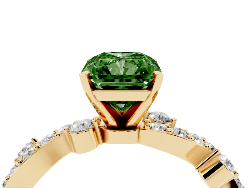 Radiant Cut Twisted Pavé Engagement Ring Setting for a Fancy Green Lab-Grown Diamond | Bar Stations | Yellow Gold