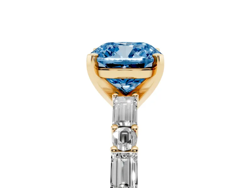 Cushion Cut Baguette Side Stone Engagement Ring Setting for a Fancy Blue Lab-Grown Diamond | Yellow Gold