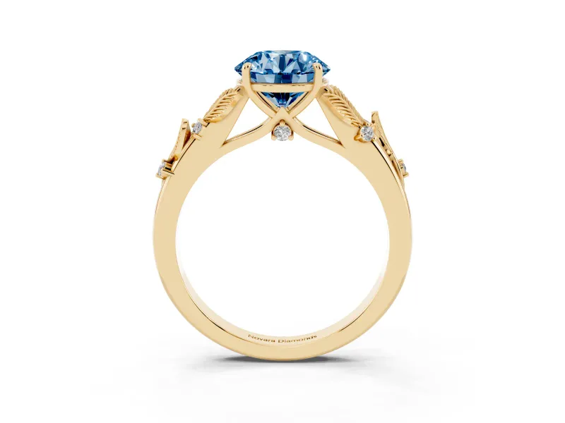 Round Leaf Solitaire Engagement Ring Setting for a Fancy Blue Lab-Grown Diamond | Yellow Gold
