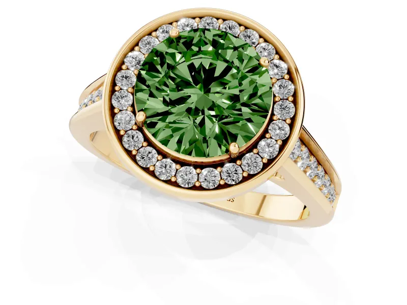 Fancy Green Round Cut Diamond Halo Solitaire Ring Set in Yellow gold with Pavé Band and Bezel Setting