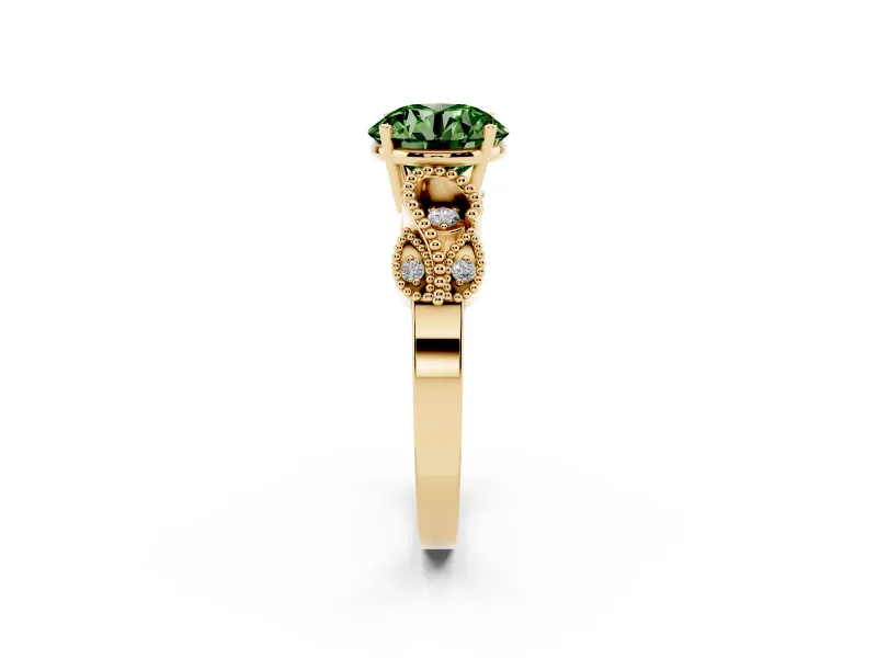 Fancy Green Round Cut Diamond Milgrain Leaf Band Solitaire Ring Set in Yellow gold with Accent Stones and Prong Setting