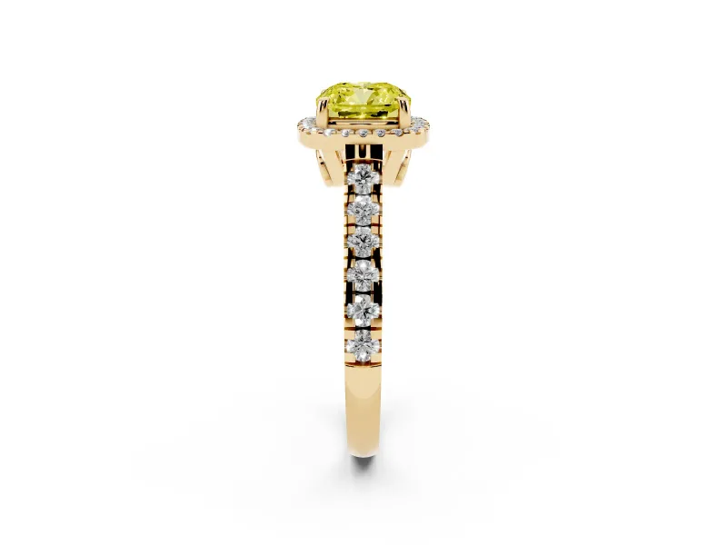Cushion Cut Accented Halo Engagement Ring Setting for a Fancy Yellow Lab-Grown Diamond | Yellow Gold