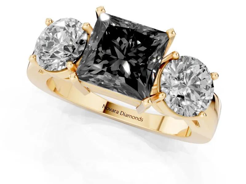 Princess Cut Three Stone Engagement Ring Setting for a Black Center | Wide Plain Band | Yellow Gold