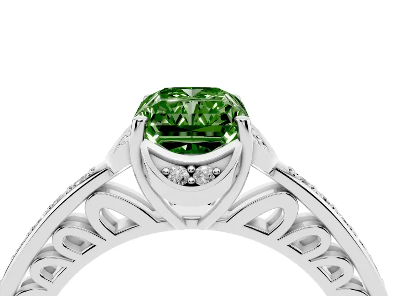 Fancy Green Radiant Cut Diamond Halo Ring Set in Platinum with Channel Set Band and Prong Setting