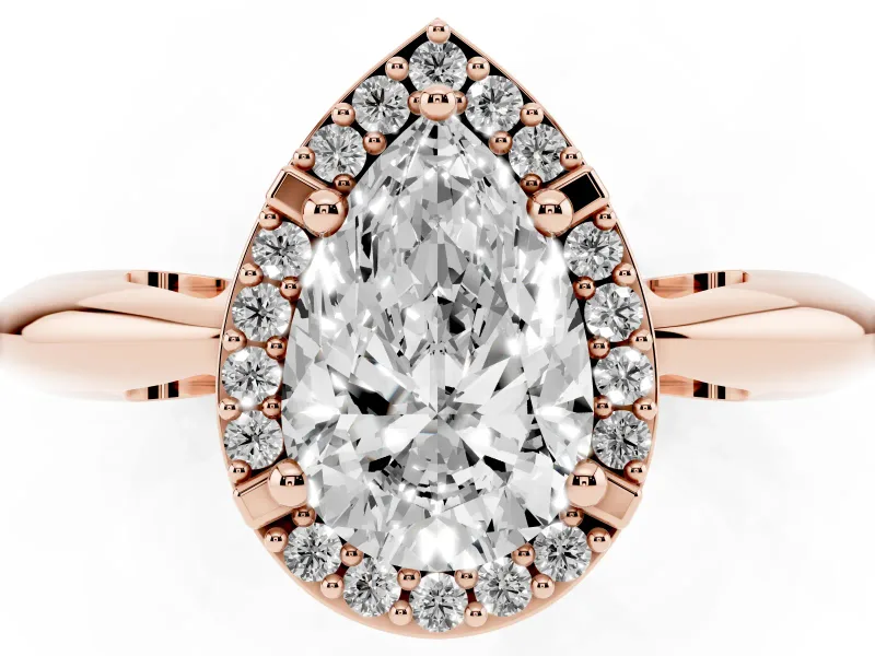 Pear Cut Diamond Halo Engagement Ring Set in Rose gold with Plain Split Shank and Prong Setting
