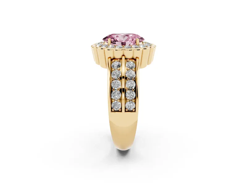 Oval Scalloped Halo Engagement Ring Setting for a Fancy Pink Lab-Grown Diamond | Double Row Band | Yellow Gold