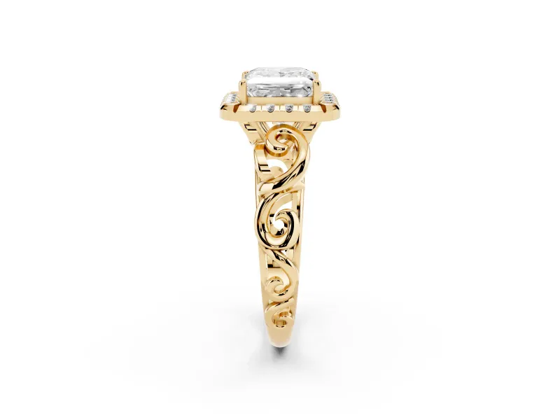 Princess Cut Diamond Halo Ring Set in Yellow gold with Scrollwork Band and Prong Setting