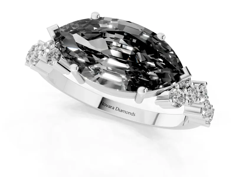 Marquise Scattered Accent Engagement Ring Setting for a Black Center | Slim Band | White Gold