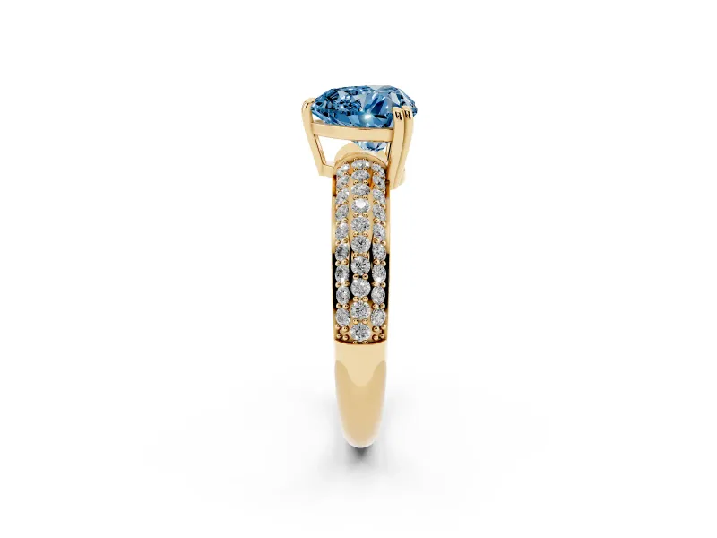 Heart-Shaped Three Row Pave Engagement Ring Setting for a Fancy Blue Lab-Grown Diamond | Yellow Gold