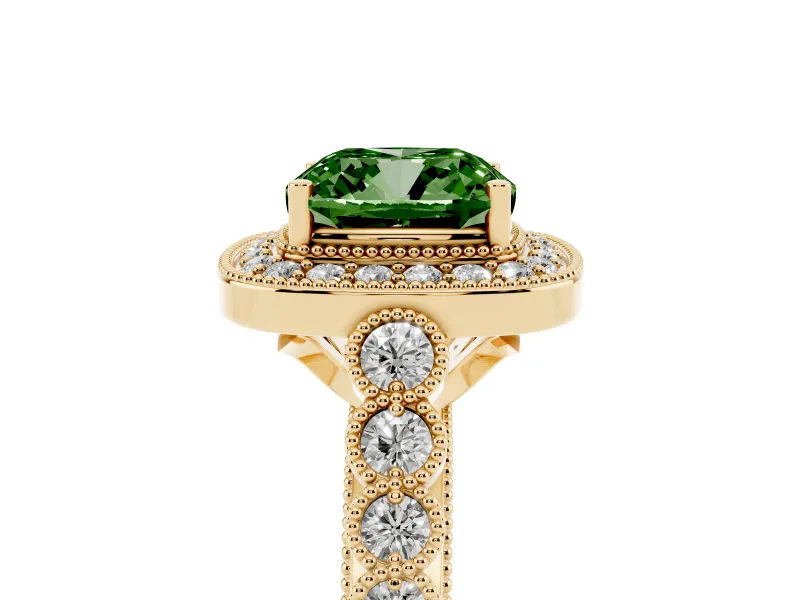 Cushion Cut Graduated Milgrain Halo Engagement Ring Setting for a Fancy Green Lab-Grown Diamond | Yellow Gold