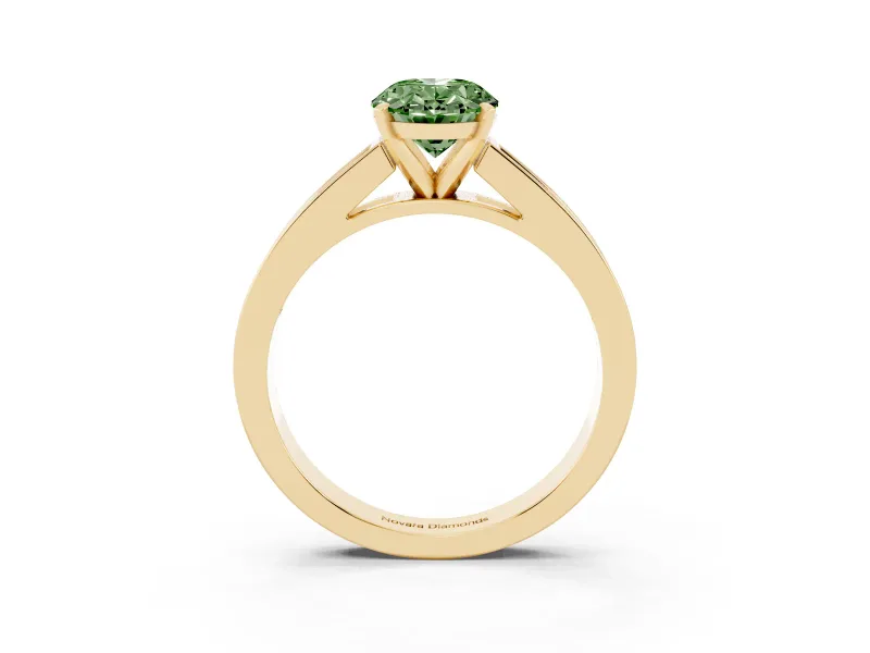 Fancy Green Oval Cut Diamond Solitaire Ring Set in Yellow gold with Channel-Set Band and Prong Setting