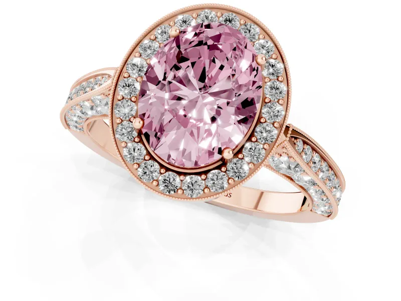 Oval Vintage Milgrain Halo Engagement Ring Setting for a Fancy Pink Lab-Grown Diamond | Side Stones and Pave | Rose Gold
