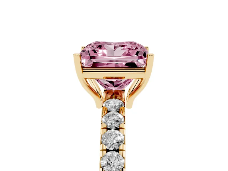 Princess Cut Pave Engagement Ring Setting for a Fancy Pink Lab-Grown Diamond | Shared Prong Band | Yellow Gold