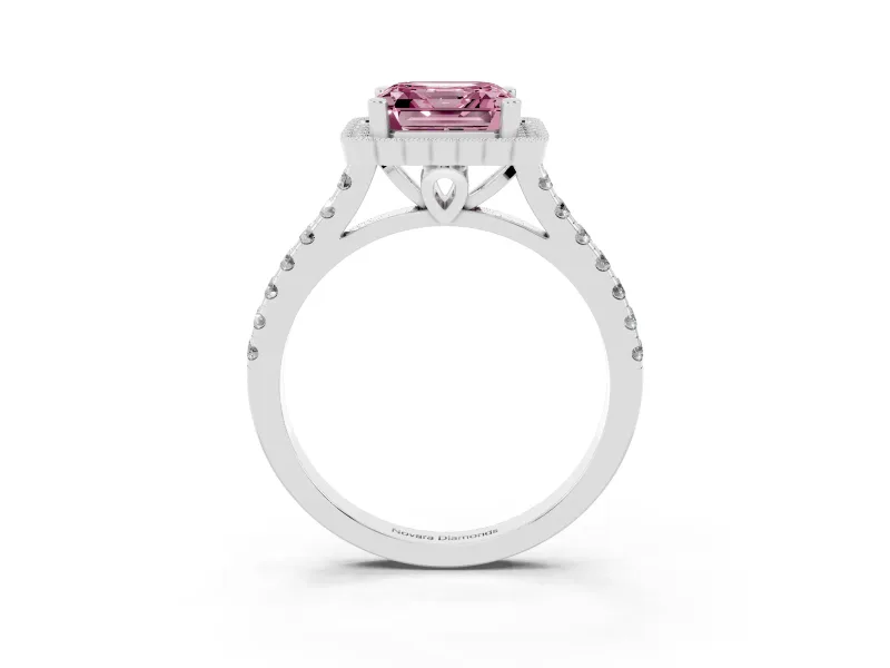 Fancy Pink Asscher Cut Diamond Milgrain Floral Halo Engagement Ring Set in Silver with Pavé Band