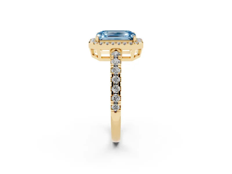 Fancy Blue Emerald Cut Diamond Halo Ring Set in Yellow gold with Delicate Pavé Band and Prong Setting