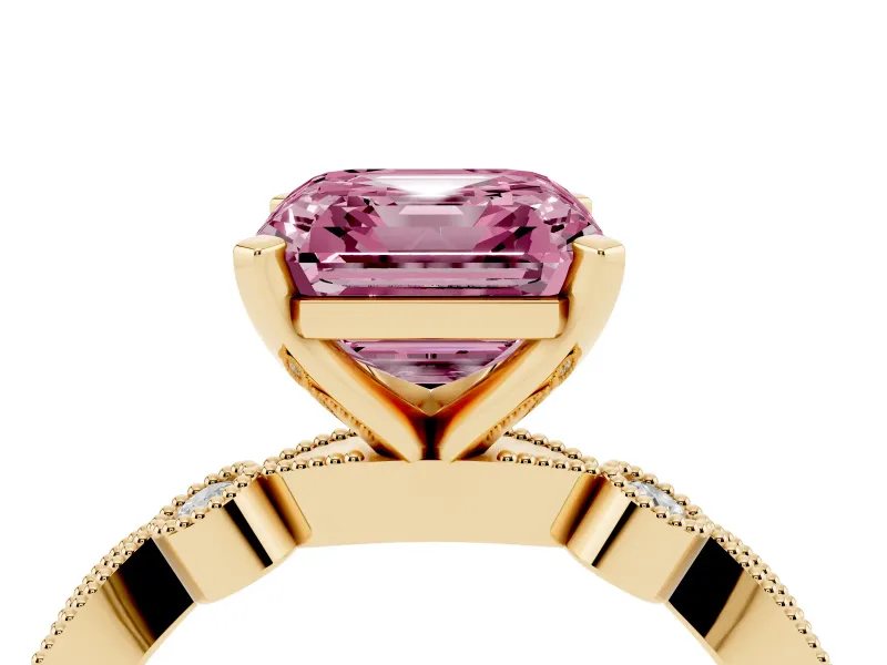 Fancy Pink Asscher Cut Diamond Solitaire Engagement Ring Set in Yellow gold with Milgrain Bezel Accent Band