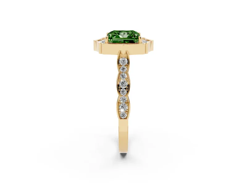 Princess Cut Scalloped Halo Engagement Ring Setting for a Fancy Green Lab-Grown Diamond | Pave Band | Yellow Gold