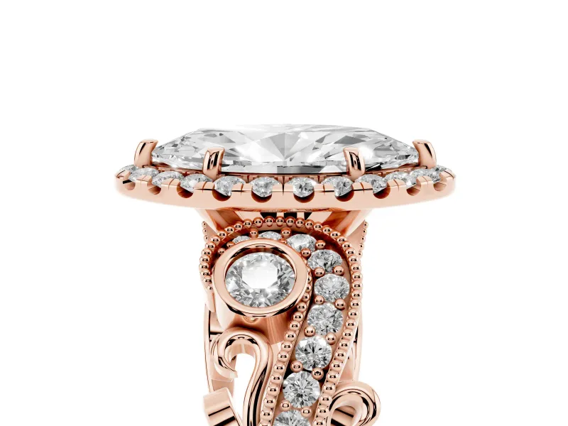 Marquise Vintage Milgrain Halo Engagement Ring Setting | Bezel Shoulder Accents | Rose Gold