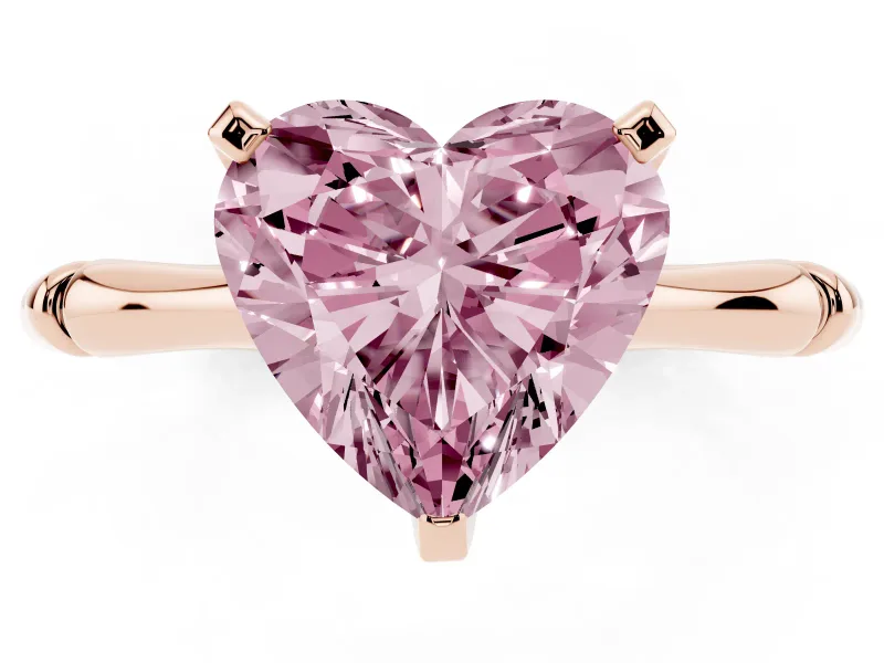 Fancy Pink Heart Cut Diamond Solitaire Ring Set in Rose gold with Bamboo Band and Prong Setting