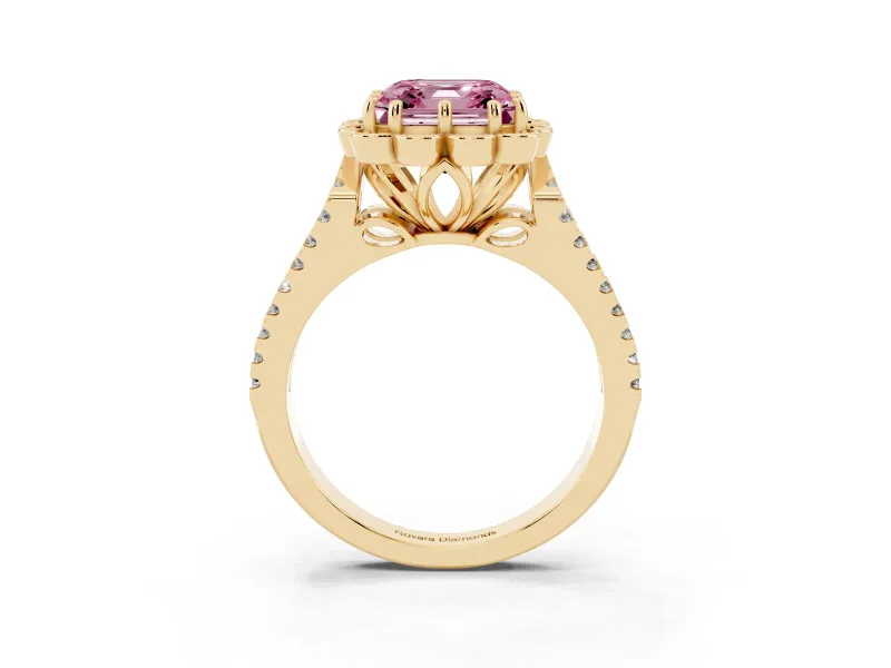 Asscher Cut Floral Halo Engagement Ring Setting for a Fancy Pink Lab-Grown Diamond | Pavé Split Shank | Yellow Gold