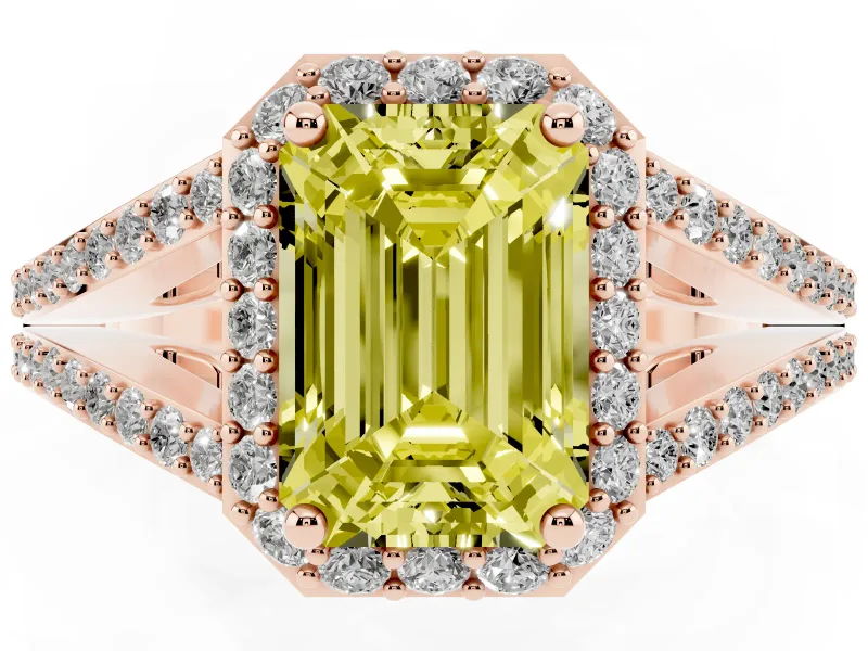 Emerald Cut Halo Engagement Ring Setting for a Fancy Yellow Lab-Grown Diamond | V-Split Pavé Band | Rose Gold