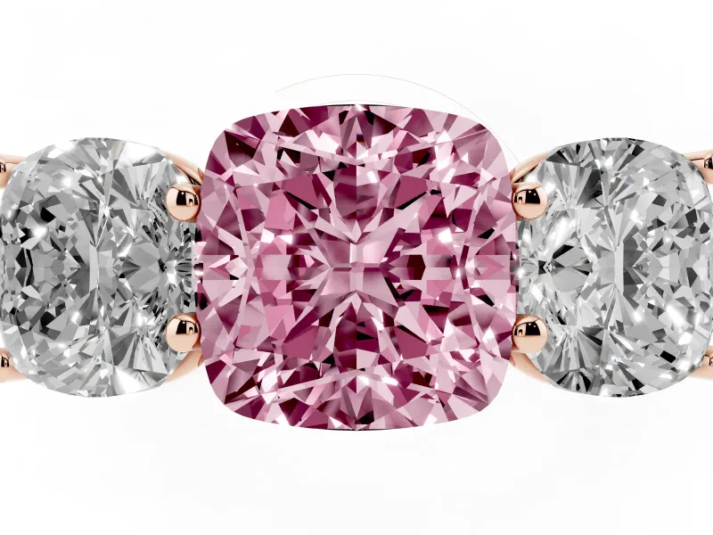 Cushion Cut Three Stone Engagement Ring Setting for a Fancy Pink Lab-Grown Diamond | Basket Prong Heads | Rose Gold