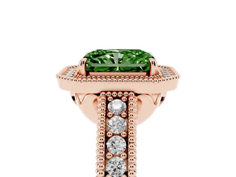 Fancy Green Radiant Cut Diamond Halo Ring Set in Rose gold with Round Accent Halo, Pavé Band and Prong Setting
