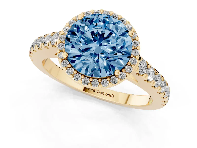 Fancy Blue Round Cut Diamond Halo Engagement Ring Set in Yellow gold with Pavé Band and Prong Setting