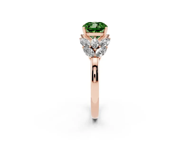 Fancy Green Cushion Cut Diamond Cluster Leaf Design Ring Set in Rose gold with Prong Setting