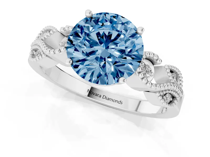 Fancy Blue Round Cut Diamond Milgrain Leaf Band Solitaire Ring Set in Platinum with Accent Stones and Prong Setting