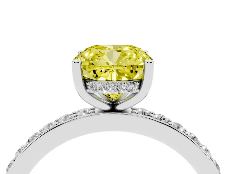 Fancy Yellow Cushion Cut Diamond Pavé Band Ring Set in Platinum with Prong-Set Center Stone