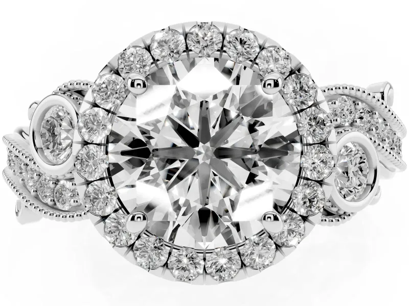 Round Vintage Milgrain Halo Engagement Ring Setting | Bezel Shoulder Accents | White Gold