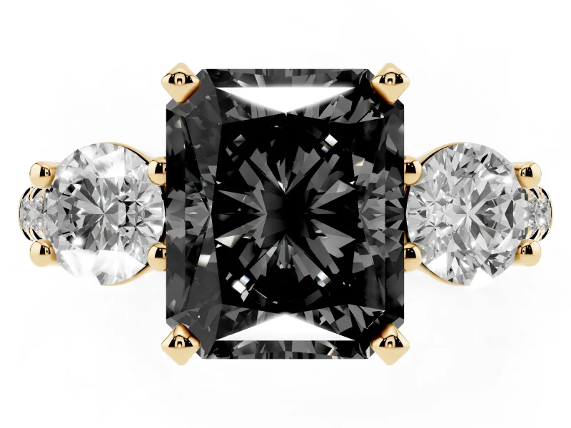 Fancy Black Three-Stone Radiant Cut Diamond Pavé Band Ring Set in Yellow gold with Prong-Set Trio